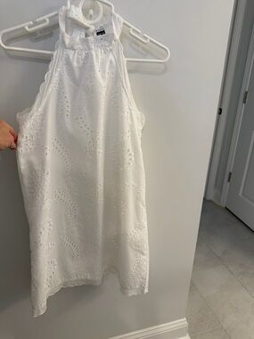 SHEIN NWOT white sleeveless dress. Size S. Eyelet design. High neck tie at neck.